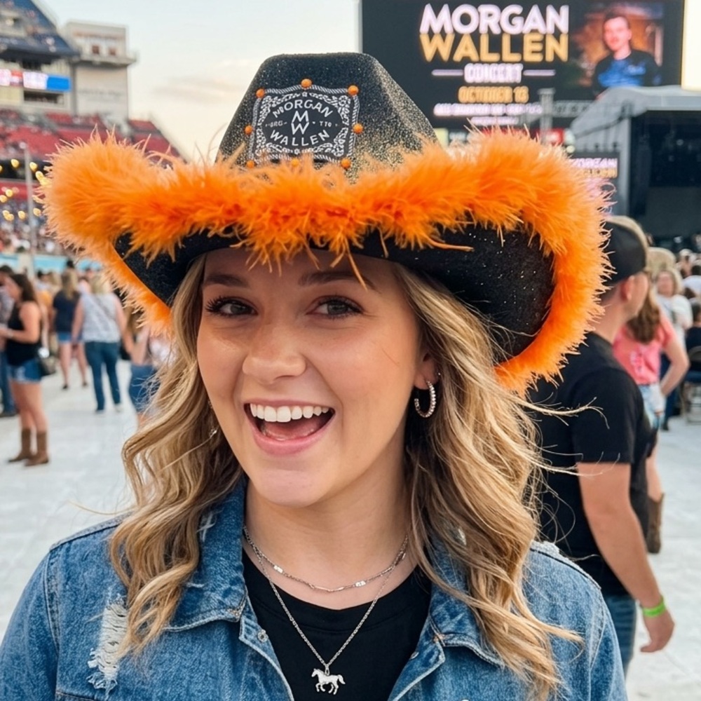 Morgan Wallen custom Handcrafted black & Orange Feather Cowgirl Hat festival - Picture 3 of 14